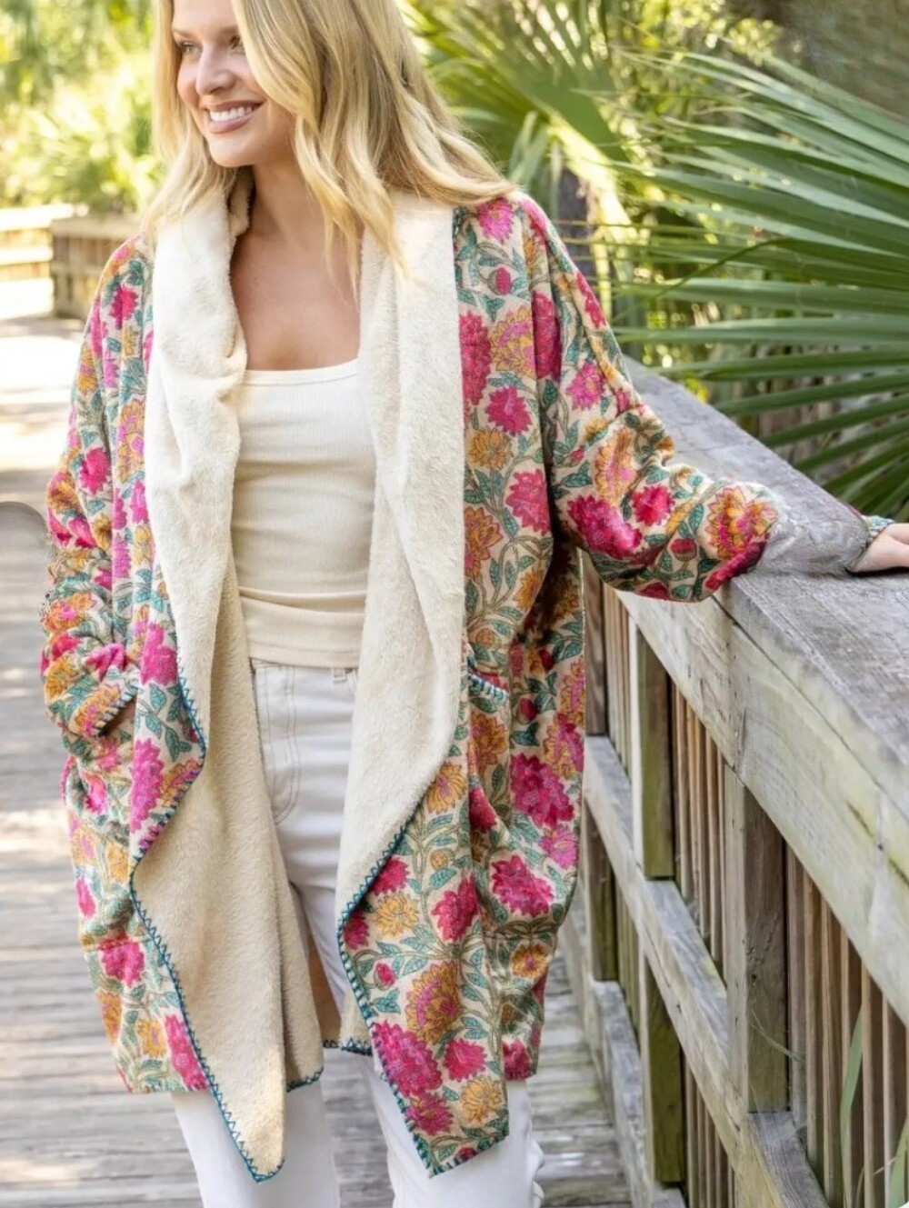 NWT Natural Life Lush Zinnias Cozy Blanket Kimono Sherpa Lined Jacket S/M